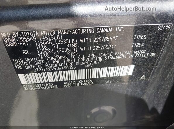 2T3ZFREV4JW450195 2018 TOYOTA RAV4 Gray Vista del compartimento del motor