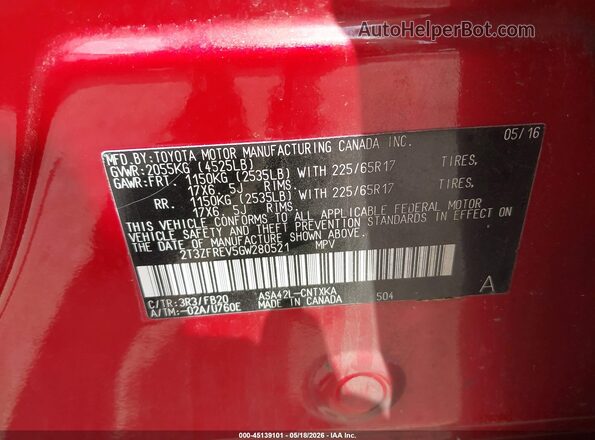 2T3ZFREV5GW280521 2016 TOYOTA RAV4 Red 