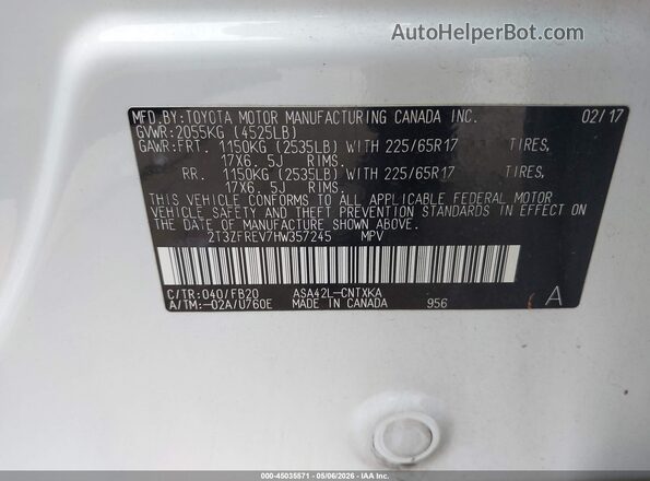 2T3ZFREV7HW357245 2017 TOYOTA LE White Շարժիչի բաժամունքի տեսք