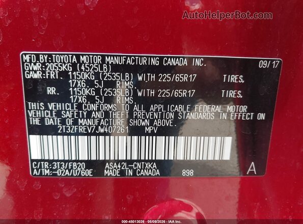 2T3ZFREV7JW407261 2018 TOYOTA LE Red Widok komory silnika