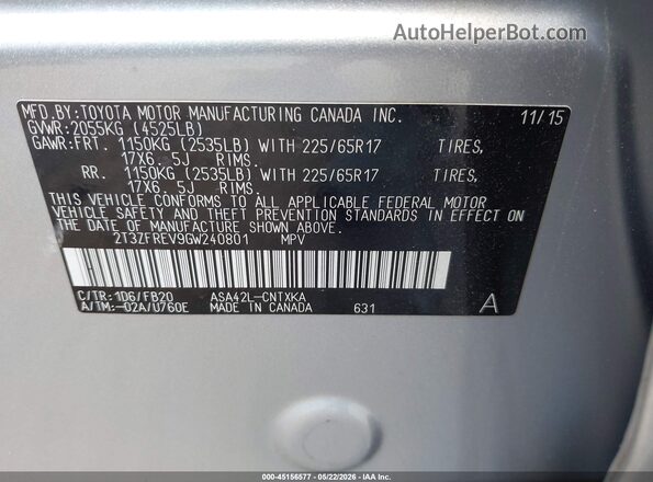 2T3ZFREV9GW240801 2016 TOYOTA RAV4 Silver Engine compartment view