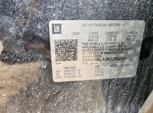 1GKKNKLA2KZ255214 2019 GMC ACADIA Black 