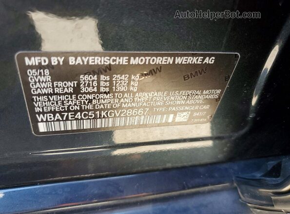 WBA7E4C51KGV28667 2019 BMW 7 SERIES Gray Вид наклейки з VIN-кодом