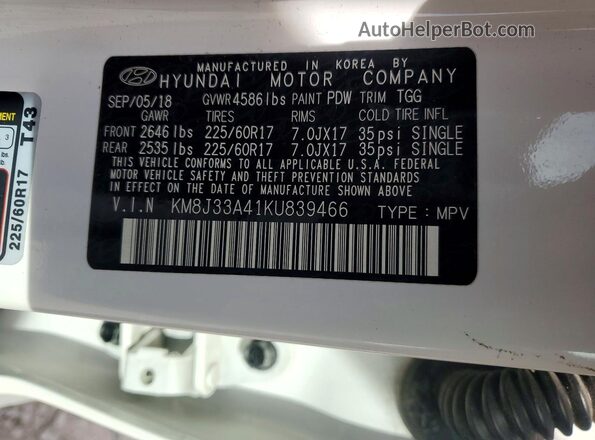 KM8J33A41KU839466 2019 HYUNDAI TUCSON Белый 