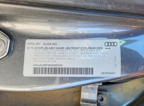 WAUAUGFF3KA065349 2019 AUDI A3 Серебряный Панорамный вид салона 360°