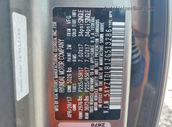 5XYZTDLB1JG513286 2018 HYUNDAI SANTA Gray 