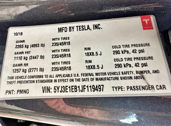5YJ3E1EB1JF119497 2018 TESLA MODEL Gray 