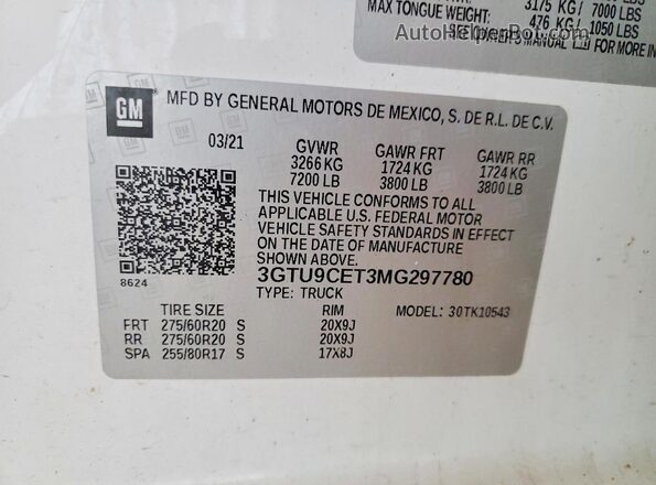 3GTU9CET3MG297780 2021 GMC SIERRA White 