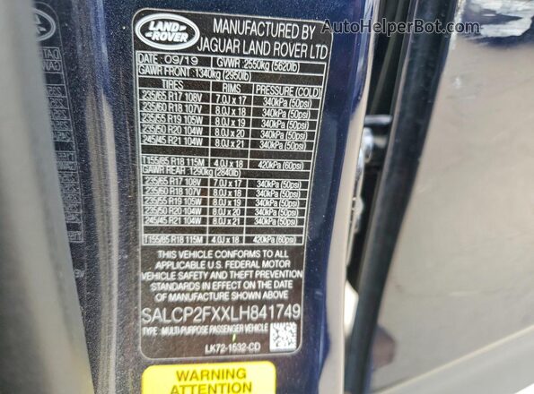SALCP2FXXLH841749 2020 LAND ROVER DISCOVERY Blue Вид наклейки з VIN-кодом