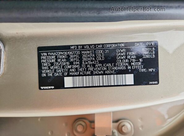 YV4A22PK0G1067720 2016 VOLVO XC90 Beige 
