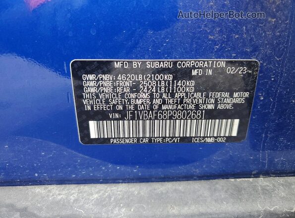 JF1VBAF68P9802681 2023 SUBARU WRX Blue Widok naklejki z numerem VIN