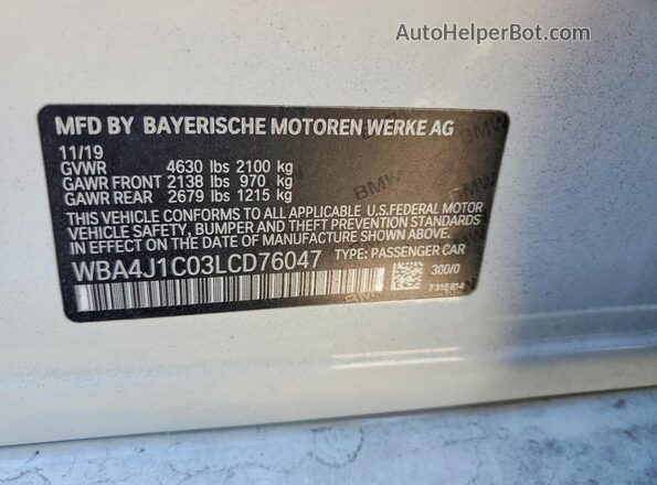 WBA4J1C03LCD76047 2020 BMW 4 SERIES White 360 interior view
