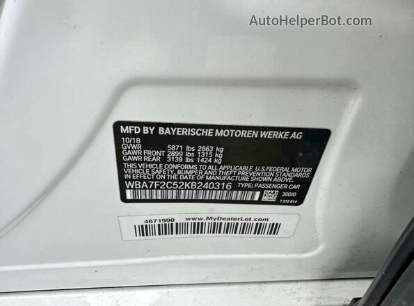 WBA7F2C52KB240316 2019 BMW 7 SERIES White Սալոնի հետևի տեսք