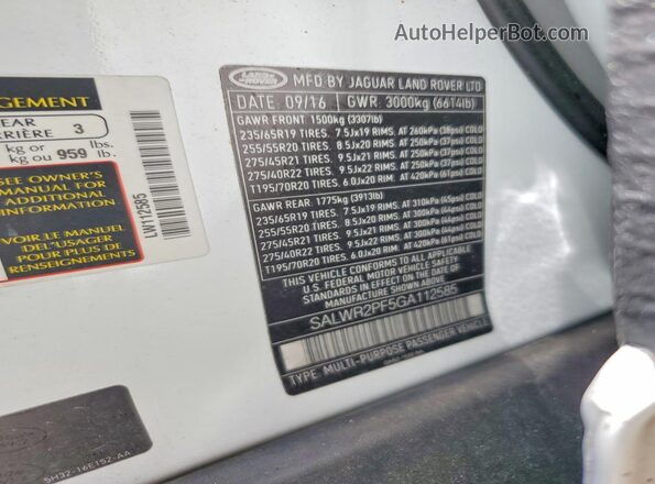 SALWR2PF5GA112585 2016 LAND ROVER RANGE White სალონის 360-გრადუსიანი ხედი