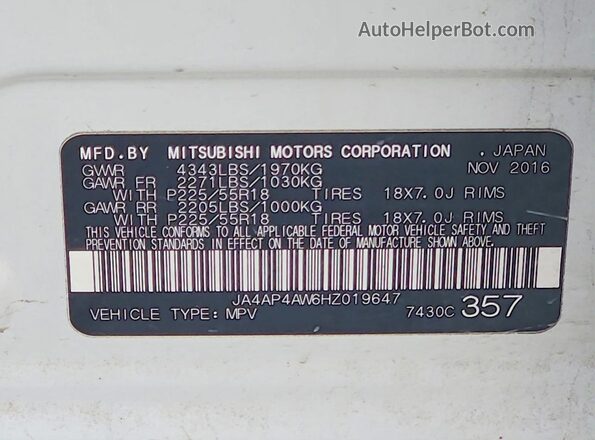 JA4AP4AW6HZ019647 2017 MITSUBISHI OUTLANDER White 