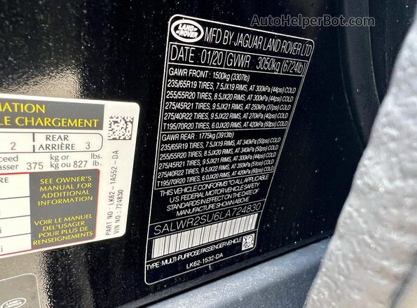 SALWR2SU6LA724830 2020 LAND ROVER RANGE Black 