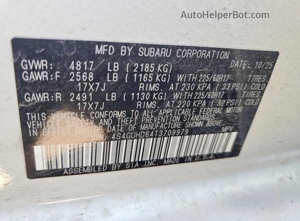 4S4GUHD64T3709979 2026 SUBARU CROSSTREK White Панорамний вид салону 360°