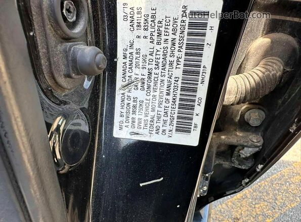 2HGFC1E54KH703743 2019 HONDA CIVIC Black 