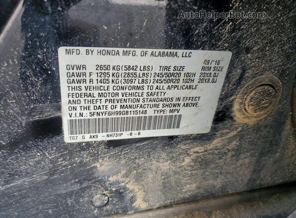 5FNYF6H99GB115148 2016 HONDA PILOT Black Вид підкапотного простору