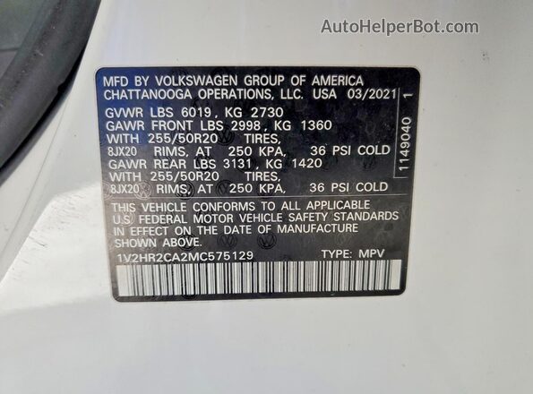 1V2HR2CA2MC575129 2021 VOLKSWAGEN ATLAS White 