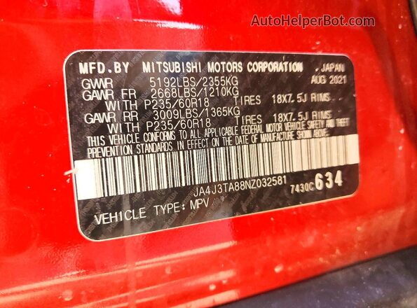 JA4J3TA88NZ032581 2022 MITSUBISHI OUTLANDER Red 