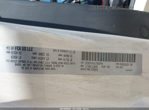3C3CFFKH9JT528744 2018 FIAT 500 White 