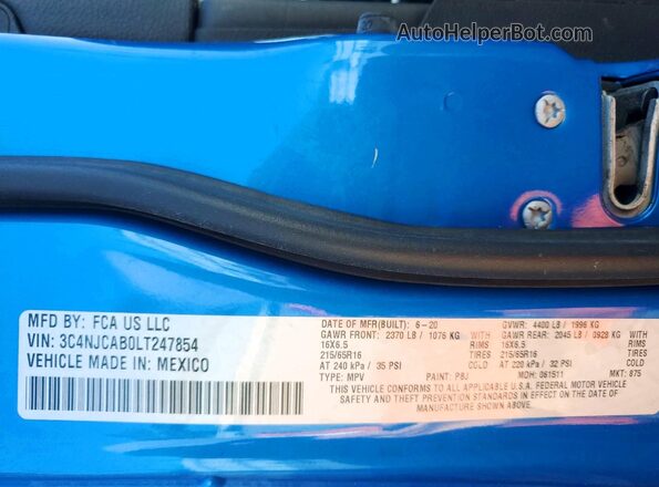 3C4NJCAB0LT247854 2020 JEEP COMPASS Синий Вид наклейки с VIN-кодом