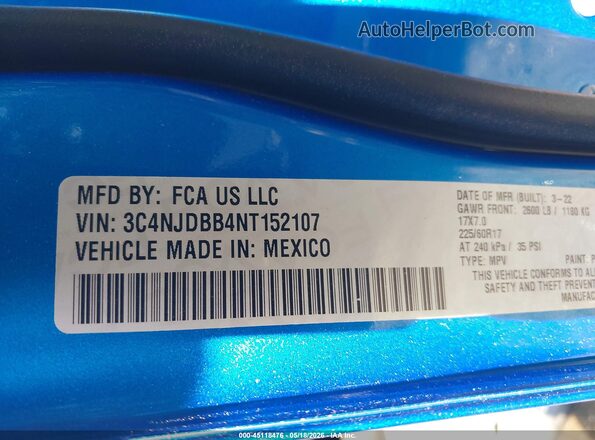 3C4NJDBB4NT152107 2022 JEEP COMPASS Синий Вид подкапотного пространства