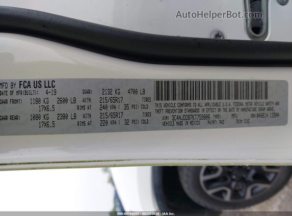 3C4NJDDB7KT759806 2019 JEEP COMPASS White ძრავის განყოფილების ხედი