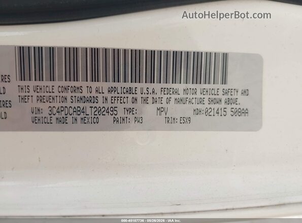 3C4PDCAB4LT202495 2020 DODGE JOURNEY White Շարժիչի բաժամունքի տեսք