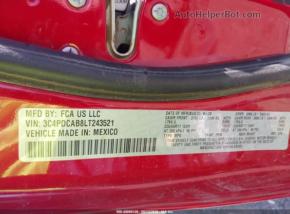 3C4PDCAB8LT243521 2020 DODGE JOURNEY Red Vista del compartimento del motor