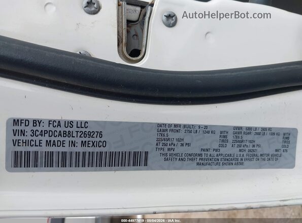 3C4PDCAB8LT269276 2020 DODGE JOURNEY White Vista del compartimento del motor