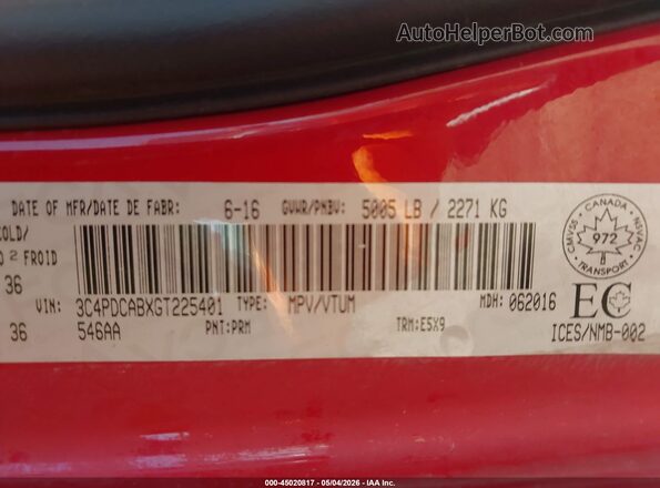 3C4PDCABXGT225401 2016 DODGE JOURNEY Burgundy Շարժիչի բաժամունքի տեսք