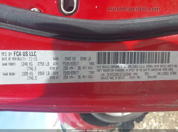3C4PDCBB1GT162848 2016 DODGE JOURNEY Red ძრავის განყოფილების ხედი