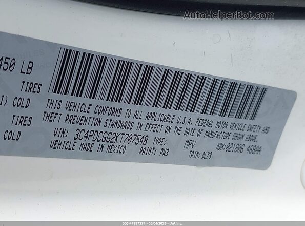 3C4PDCGG2KT707548 2019 DODGE JOURNEY White 