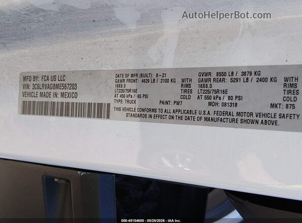 3C6LRVAG8ME567203 2021 RAM PROMASTER 1500 White VIN կոդի պիտակի տեսք