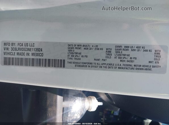 3C6LRVDG3NE113924 2022 RAM PROMASTER 2500 White Вид підкапотного простору
