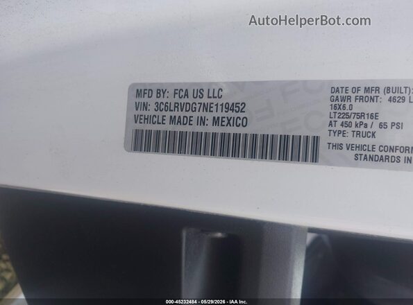 3C6LRVDG7NE119452 2022 RAM PROMASTER 2500 White VIN კოდის სტიკერის ხედი