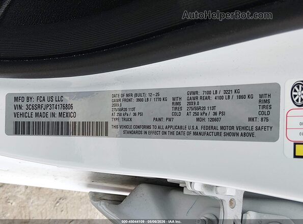3C6SRFJP3T4176806 2026 RAM 1500 Белый 
