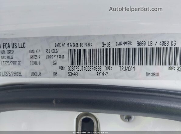 3C6TR5JT4GG274680 2016 RAM 2500 Белый Вид подкапотного пространства
