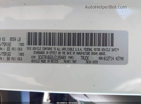 3C6TRVBG2LE125403 2020 RAM PROMASTER 1500 White Вид підкапотного простору