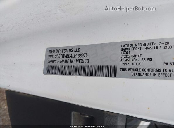 3C6TRVBG4LE138976 2020 RAM PROMASTER 1500 White 