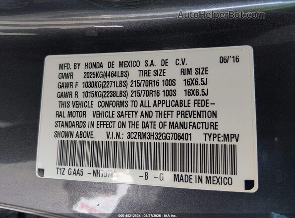 3CZRM3H32GG706401 2016 HONDA CR-V Серый 