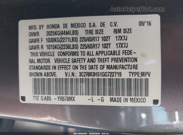 3CZRM3H51GG722719 2016 HONDA CR-V Gray 