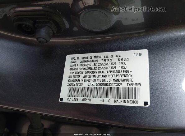 3CZRM3H58GG703522 2016 HONDA CR-V Gray Вид підкапотного простору