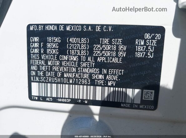 3CZRU5H10LM712963 2020 HONDA HR-V White ძრავის განყოფილების ხედი