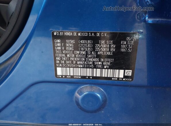 3CZRU5H14MM731145 2021 HONDA HR-V Blue Widok komory silnika