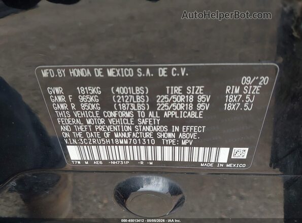 3CZRU5H18MM701310 2021 HONDA HR-V Черный Вид подкапотного пространства