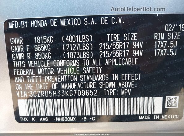 3CZRU5H33KG709652 2019 HONDA HR-V Gray 