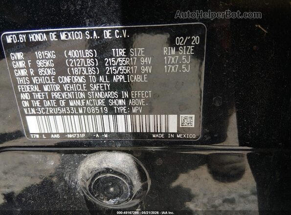 3CZRU5H33LM708519 2020 HONDA HR-V Black Շարժիչի բաժամունքի տեսք